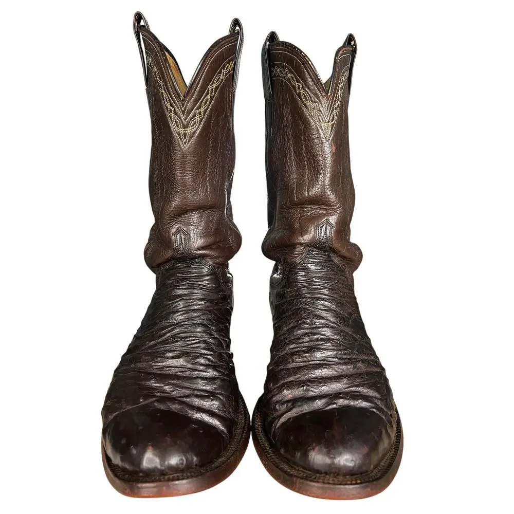 Vintage M.L. Leddy Men’s Full Quill Ostrich Brown Cowboy Boots Size 10 EE